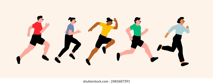 Conjunto de personas corriendo. Dibujos animados estilo plano. Lindos personajes aislados. Deporte, correr, correr, carrera, ambición, aspiración de éxito, apurarse a la meta, concepto de maratón. Ilustración vectorial dibujada a mano