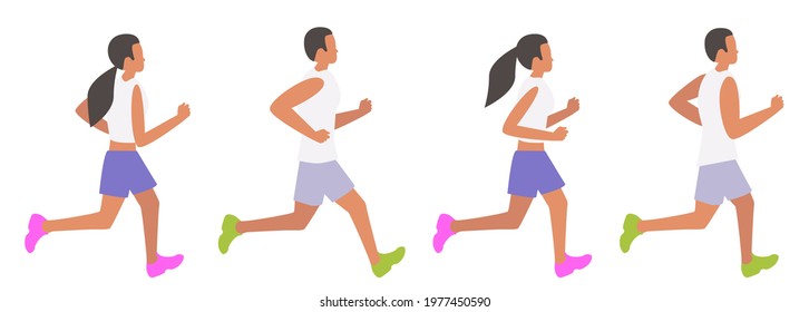 Set of running people isolated on white background. Men and women runners. Vector illustration. Flat design.