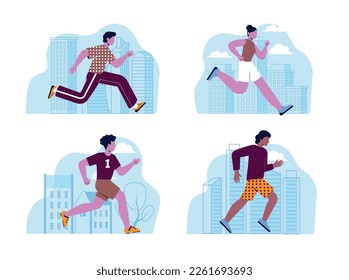 Set of running people. Men and women running sprints or exercising outdoors. Activity, jogging and healthy lifestyle. Workout or marathon. Cartoon flat vector collection isolated on white background