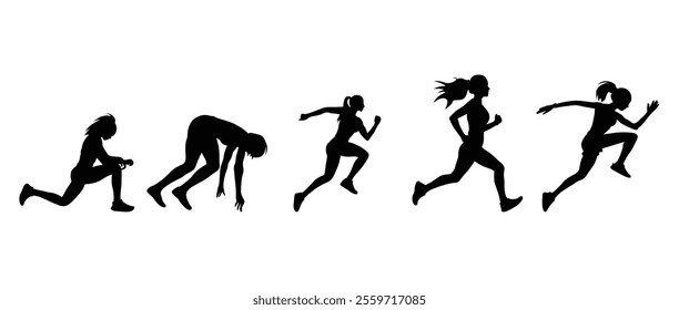 Set of running people silhouettes. Runner silhouettes running and jogging.