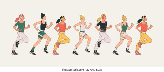 Set of running people. Women character is jogging, listening music in headphones. The girls are running and doing fitness. Active healthy lifestyle vector illustration, modern cartoon style design. 