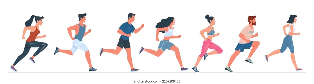 Set of running people. Young girls and boys in sportswear. Active lifestyle. Flat cartoon vector illustration on isolated white background