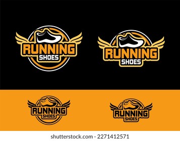 Conjunto de plantilla de logotipo de zapata en marcha, diseño de logotipo con letras moderno, anticuado, vintage con zapatos y alas icono, logotipo emblem, placa, pegatina, adecuado para el logotipo de zapatería deportiva
