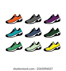 A set of running shoes vector illustration set, foot, exercise, gym, icon set, group, fashion, casual, collection