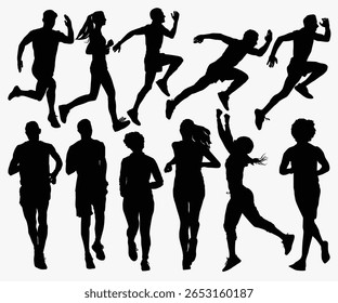 Definir silhuetas de corrida. Silhueta de corredor conjunto de velocistas, corredores e corredores correndo trilha ou jogging. Silhuetas de pessoas em destaque. Maratona de corrida, grupo de corrida profissional, pista de corrida.