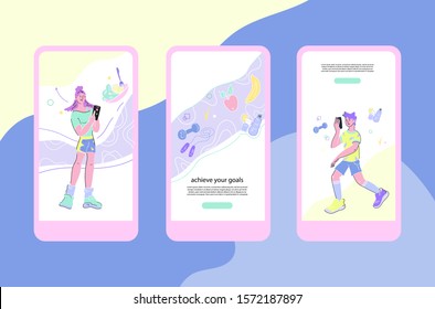 Set of running and sport training app interface templates on mobile phone screen. Modern technology for monitoring health, dieting and weight loss with people characters. Flat vector Illustration.