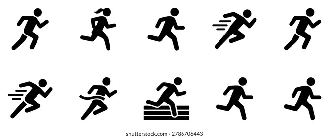 Set of running and sprinting icons in various styles and motions representing speed and athletic activity on transparent background