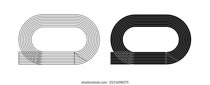 Conjunto de iconos de pista de carreras. Vista superior de las Plantillas del estadio. Pistas de carreras para carreras de velocidad, maratón u otras competiciones deportivas atléticas aisladas sobre fondo blanco. Vector ilustración gráfica.