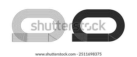 Set of running track icons. Stadium templates top view. Racetracks for sprint, marathon or other athletic sports competitions isolated on white background. Vector graphic illustration.