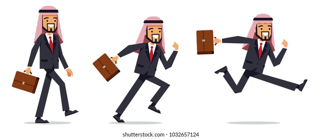 Set of running and walking arab business man with briefcase. Vector character design.