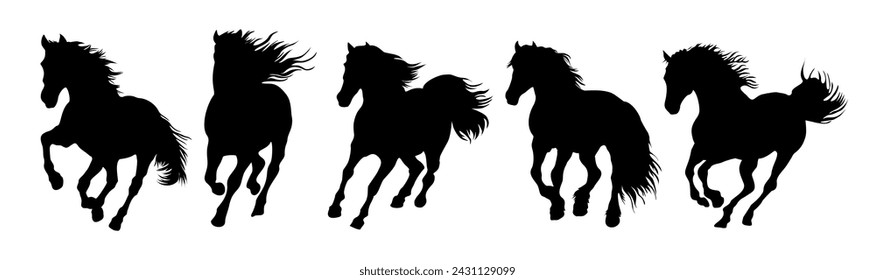 Set of running wild horse black silhouettes.