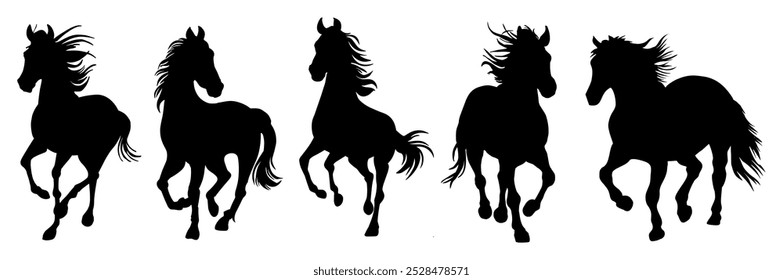 Set of running wild horse black silhouettes. 