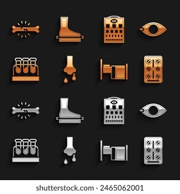Set Laufende Nase, Blindheit, Pillen-Blisterpackung, Krankenhausbett, Reagenzglas mit Blut, Augentestkarte, Knochenschmerzen und Flachfuß-Symbol. Vektorgrafik