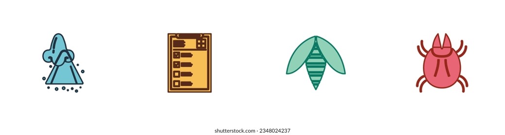 Set Runny nose, Clinical record, Bee and Parasite mite icon. Vector