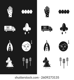 Set Runny nose, Emergency car, Hand with psoriasis or eczema, Chicken egg in box, Kidney beans, High human body temperature, Wheat and  icon. Vector