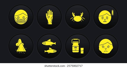 Set Runny nose, Fatigue, Fish, Can container for milk, Crab, Hand with psoriasis eczema, Inflammation face and Face protective mask icon. Vector