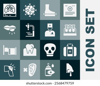 Set Runny nose, First aid kit, Test tube with blood, Flat foot, Microscope, Herpes lip, Lungs x-ray and Male doctor icon. Vector