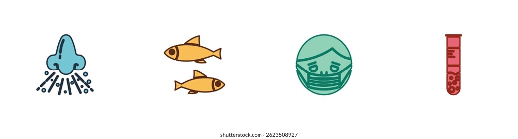 Set Runny nose, Fish, Face in protective mask and Test tube and flask icon. Vector