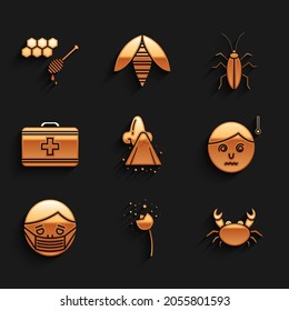 Set Runny nose, Flower producing pollen, Crab, High human body temperature, Face protective mask, First aid kit, Cockroach and Honeycomb with honey dipper icon. Vector
