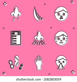 Set Runny nose, Kidney beans, Clinical record, Man with excessive sweating, Peanut and Hand psoriasis eczema icon. Vector