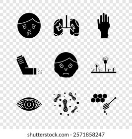 Set Runny nose, Lungs, Hand with psoriasis or eczema, Reddish eye allergic conjunctivitis, Bacteria, Honeycomb honey dipper, Inhaler and Inflammation face icon. Vector