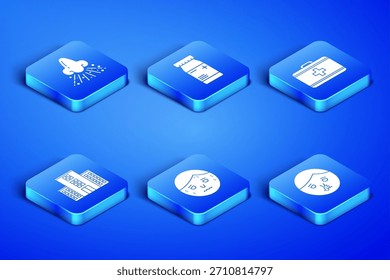 Conjunto de nariz mocosa, hombre con sudoración excesiva, edificio del hospital médico, botella de medicina y píldoras e icono de kit de primeros auxilios. Vector