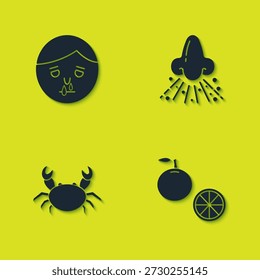 Conjunto de nariz mocosa, fruta de naranja, cangrejo e icono. Vector