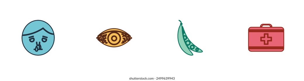 Conjunto de nariz mocosa, conjuntivitis alérgica de ojo rojizo, frijoles renales e icono de kit de primeros auxilios. Vector