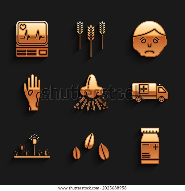 Set Runny nose, Sesame\
seeds, Medicine bottle and pills, Emergency car, Mold, Hand with\
psoriasis or eczema, Inflammation on face and Monitor cardiogram\
icon. Vector