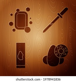 Set Runny nose and virus, Bar of soap, Blood test and virus and Pipette on wooden background. Vector