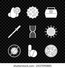 Set Runny nose and virus, Virus, First aid kit, Stop, Medicine pill or tablet, Pipette and DNA symbol icon. Vector