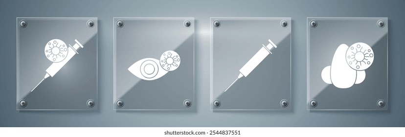 Set Runny nose and virus, Syringe, Reddish eye due to virus and Syringe and virus. Square glass panels. Vector