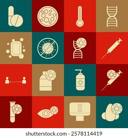 Set Runny nose and virus, Syringe, Medical thermometer, Stop, Bar of soap, Medicine pill or tablet and DNA symbol icon. Vector