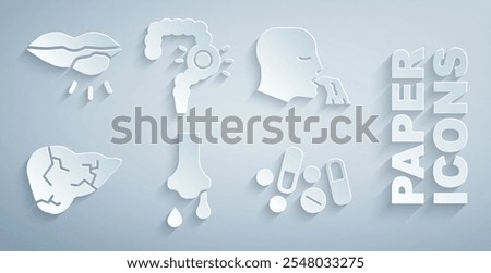 Set Runny nose, Vomiting man, Hepatitis virus, Medicine pill or tablet, Gut constipation and Herpes lip icon. Vector