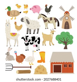 Set of rural animals and farm. Lama, ram, sheep, cow, pig, horse, goat, duck, hare, rabbit, chicken, chickens, rooster, goose, mill, pitchfork, house, haystack, tree