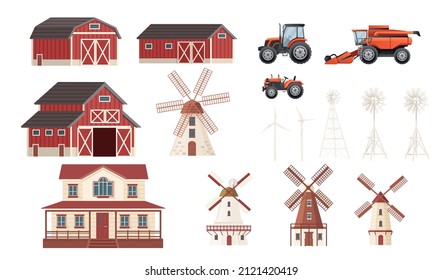 Set of rural buildings with agriculture machinery tractor and combine barn country house windmill vector illustration on white background