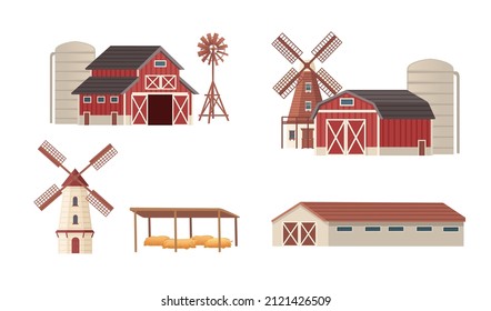 Set of rural buildings barn country house windmill vector illustration on white background