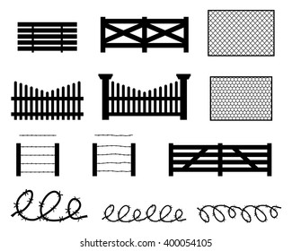 Set of rural fences in silhouette style