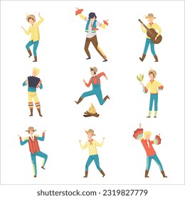 Set of rural guys dancing at Brazil June Festival, Festa Junina cartoon vector illustration