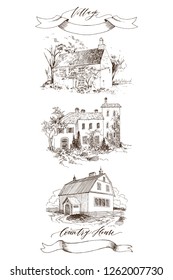 Set of Rural landscape with old farmhouse and garden. Hand drawn illustration in vintage style. Retro tape with an inscription Country house and Village. Vector design