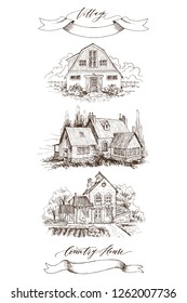 Set of Rural landscape with old farmhouse and garden. Hand drawn illustration in vintage style. Retro tape with an inscription Country house and Village. Vector design