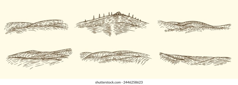 Set rural landscape, panoramic environment in monochrome hand draw sketch style. Vector illustration.