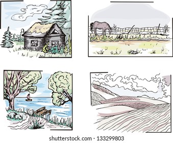 Set of rural landscapes. Color vector sketches.