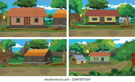 Set of rural village background vector illustration.Countryside house background collection