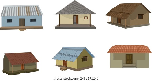 Set of rural village hut. Indian village house collection. cottage made of mud tiles and tin shade roof