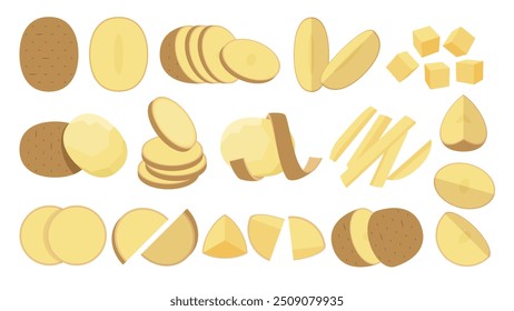 Set of Russet Potatoes, Farm fresh Potato product emblem for grocery shop, Slides, long and cross sections, and different positions, simple flat vector illustration of vegetables and fruits.