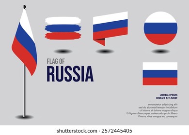Set of Russia flag in 5 designs: flag on pole, brush stroke, skew, round and standard. vector, flat, isolated on grey background
