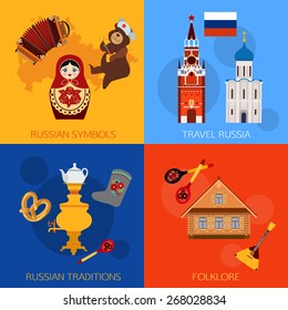 Set of Russia travel compositions with place for text. Vector illustration