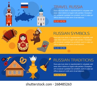 Set of Russia travel horizontal banners with place for text. Vector illustration.