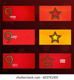 Set of Russian day of the Victory horizontal greeting card with star, 9 may